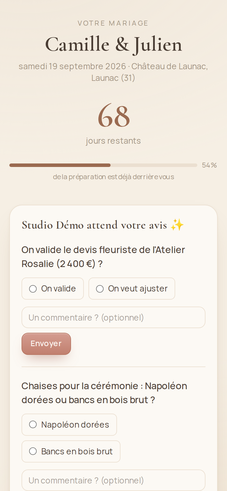 Espace couple : suivi des préparatifs et validations