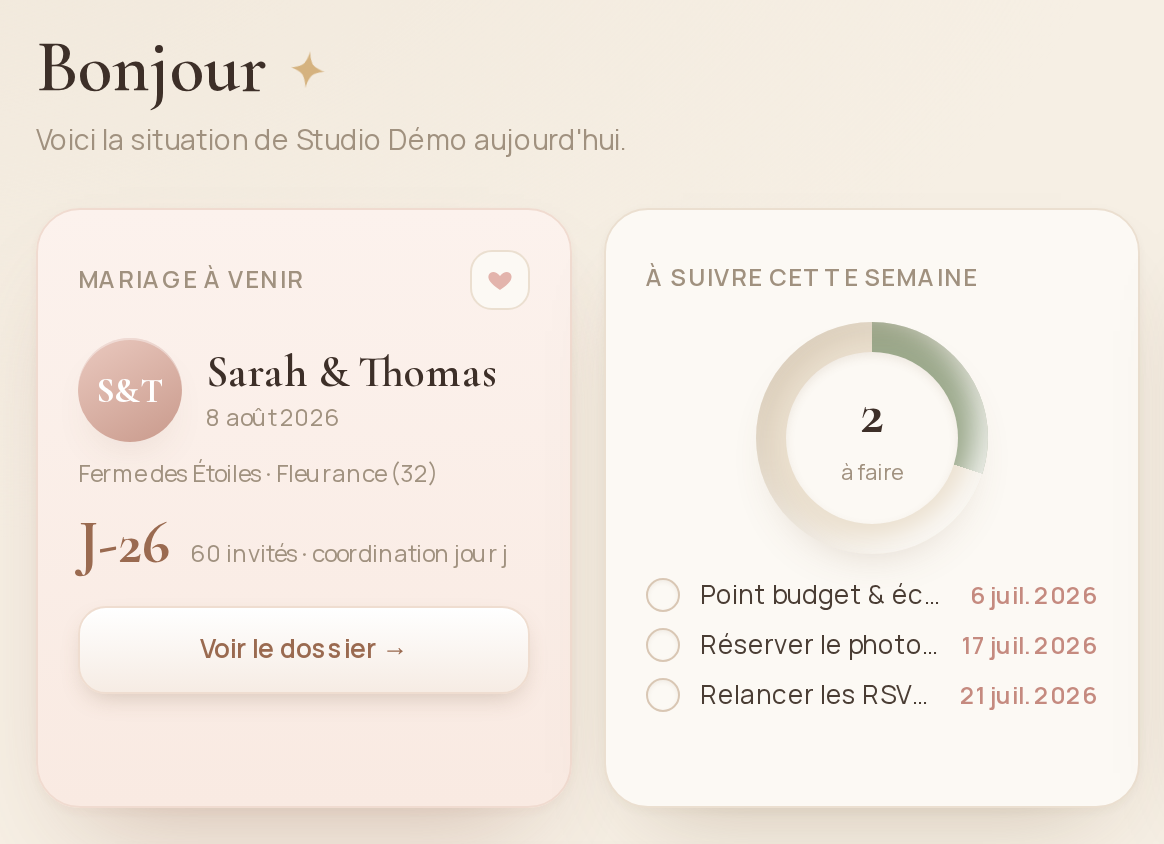 Tableau de bord : mariage à venir avec compte à rebours et tâches à suivre cette semaine