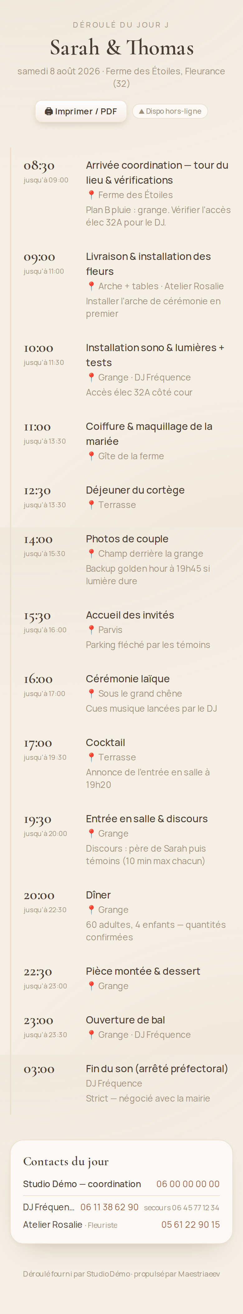 Déroulé du jour J minute par minute sur téléphone