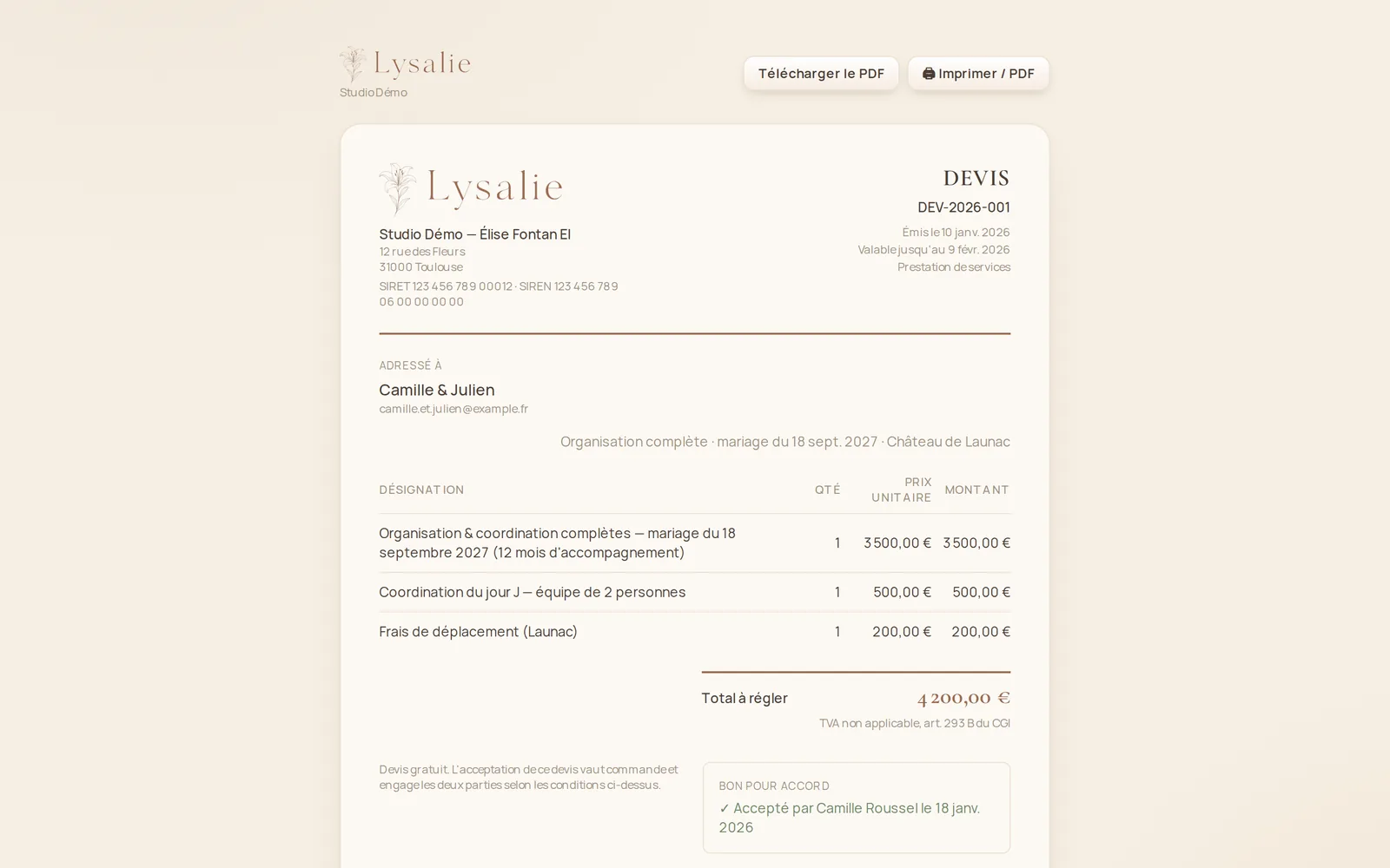 Devis en ligne avec bon pour accord