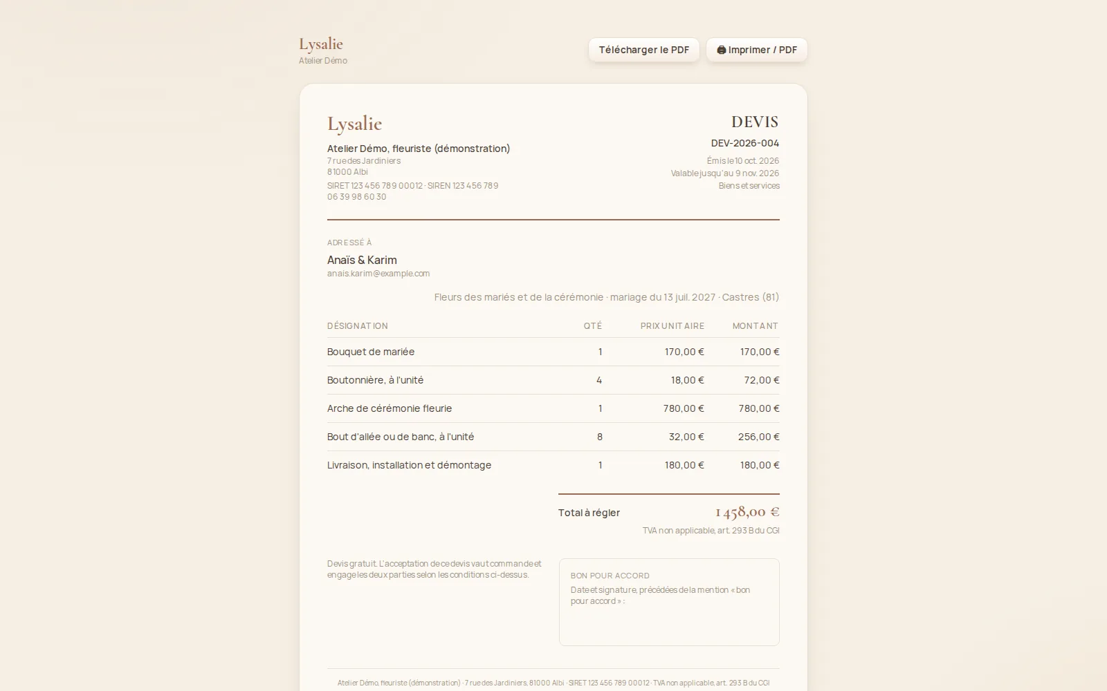 Devis de compositions florales en ligne, avec bon pour accord
