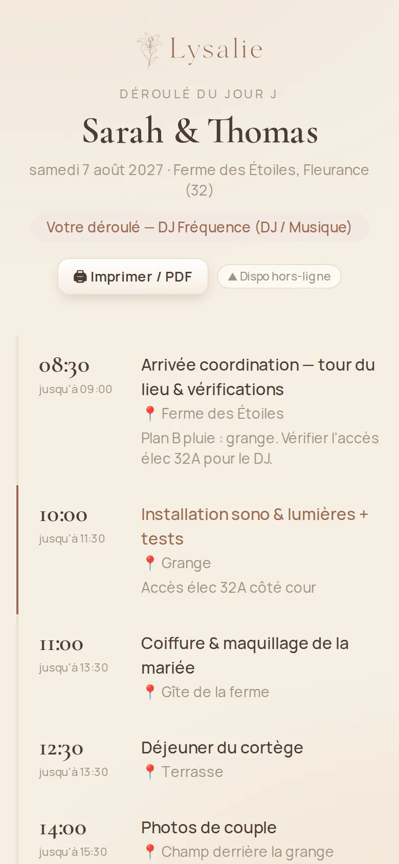 Déroulé du jour J reçu par le DJ sur son téléphone