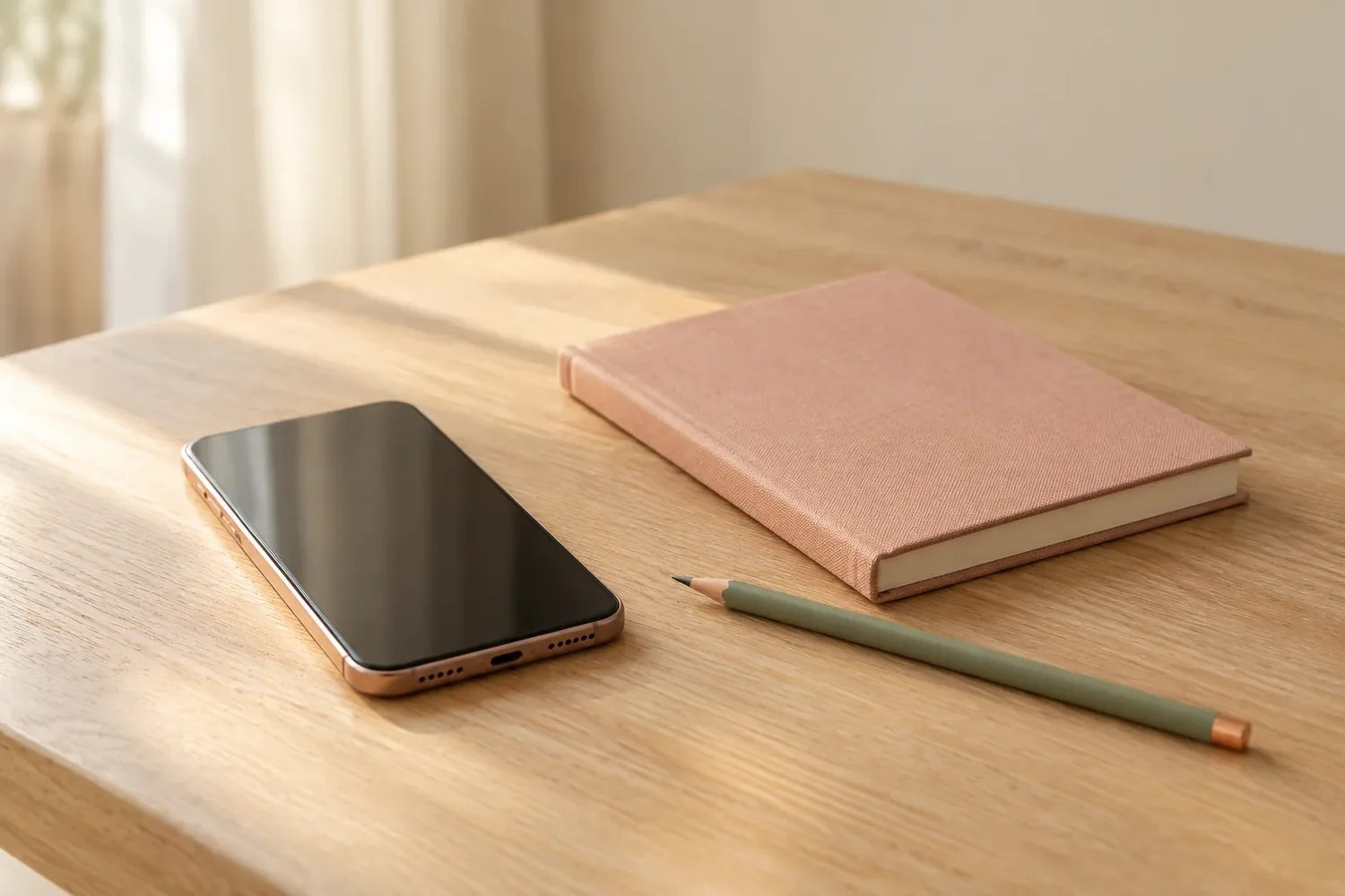 Un téléphone, un carnet fermé et un crayon posés sur une table en bois, près d'une fenêtre
