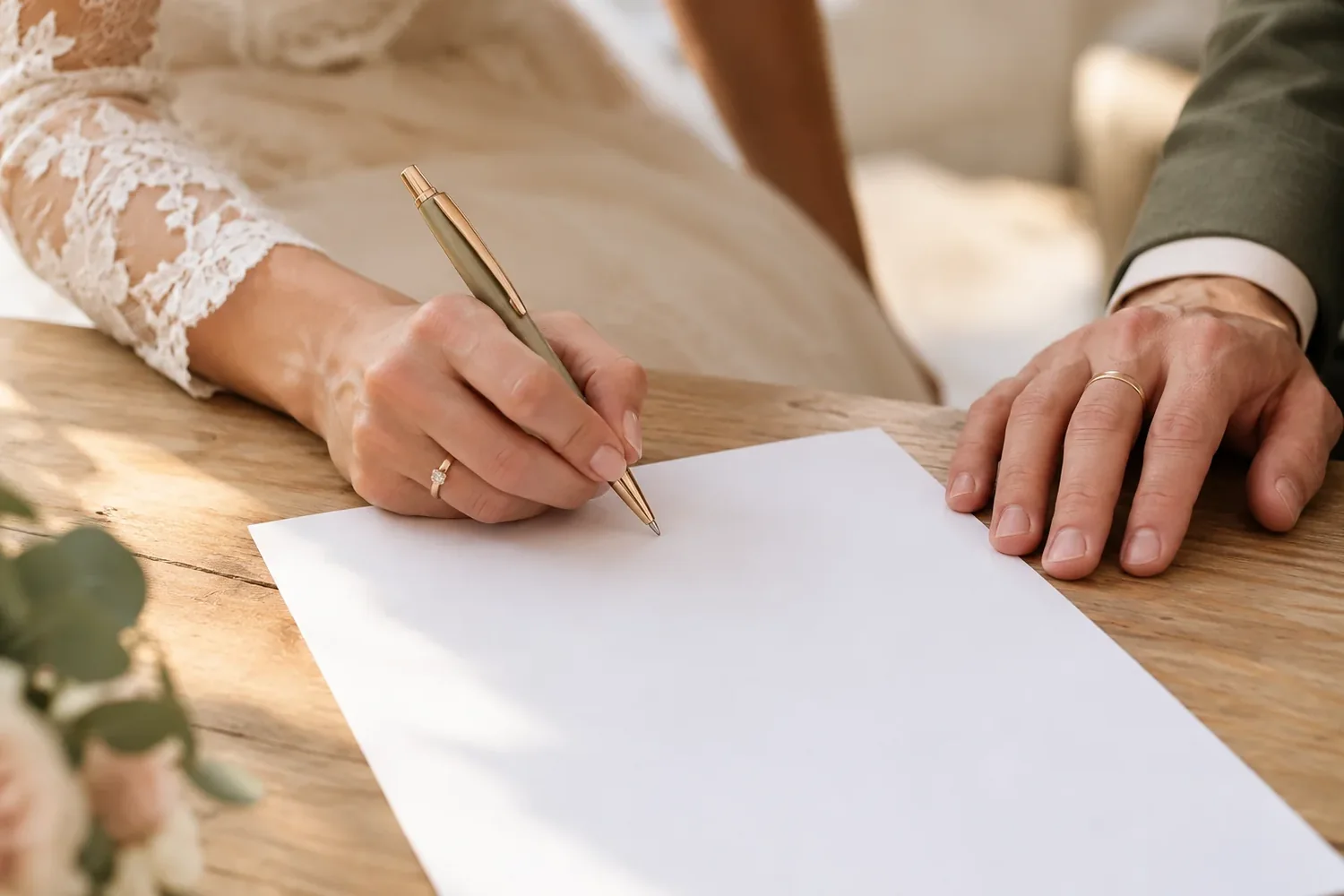 Une main signe une feuille posée sur une table en bois, une seconde main posée à côté