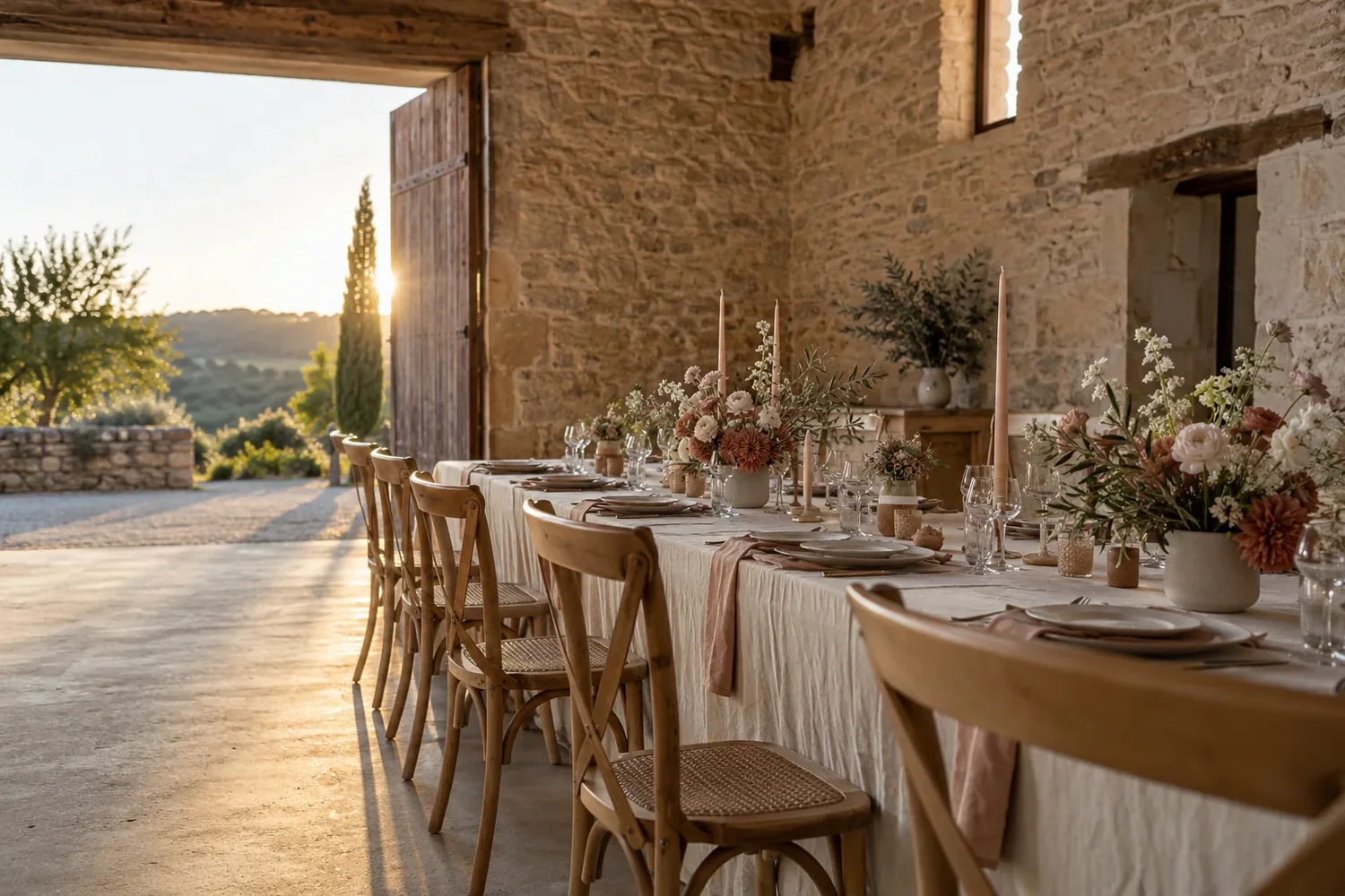 Une longue table dressée dans une grange en pierre, la lumière du soir entrant par la grande porte