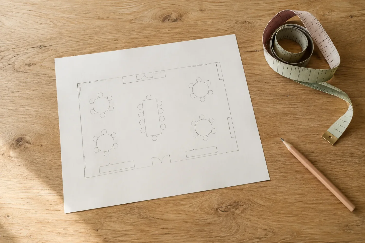 Un plan de salle dessiné au crayon, un mètre ruban et un crayon sur une table en bois