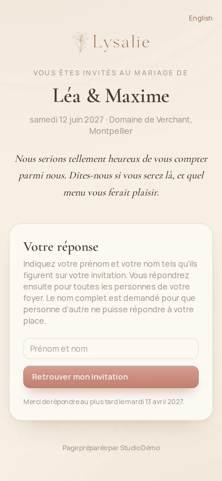 Page de réponse des invités sur téléphone