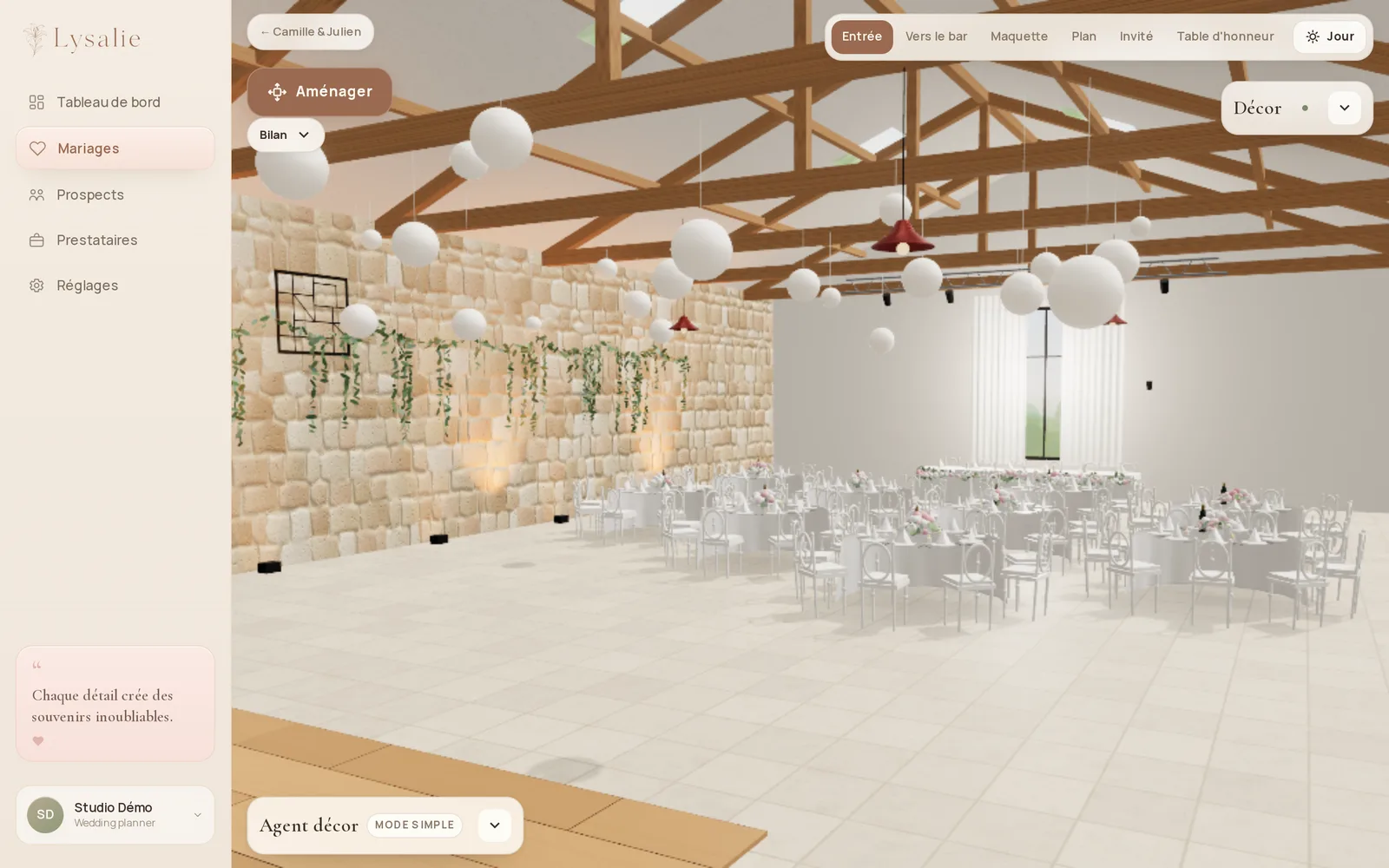 L'éditeur Salle 3D dans Lysalie : vues, mode Aménager, panneau Décor et agent décor