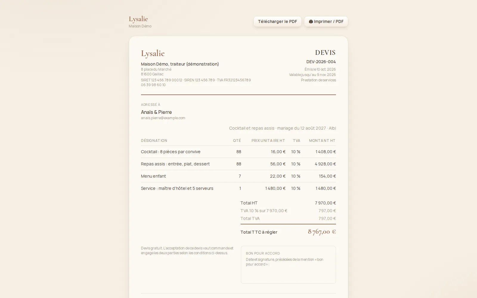 Devis traiteur en ligne, lignes par convive, avec bon pour accord