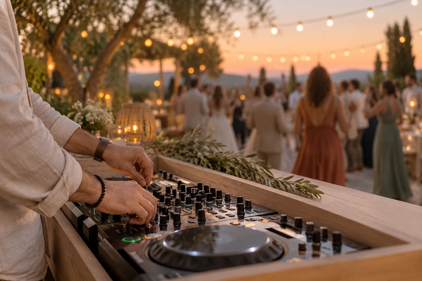 Une table de mixage dans un meuble en bois clair au bord d'une piste de danse sous des guirlandes lumineuses