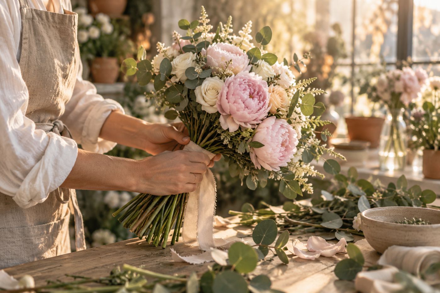Les mains d'une fleuriste composent un bouquet de mariée de pivoines et de roses dans un atelier lumineux