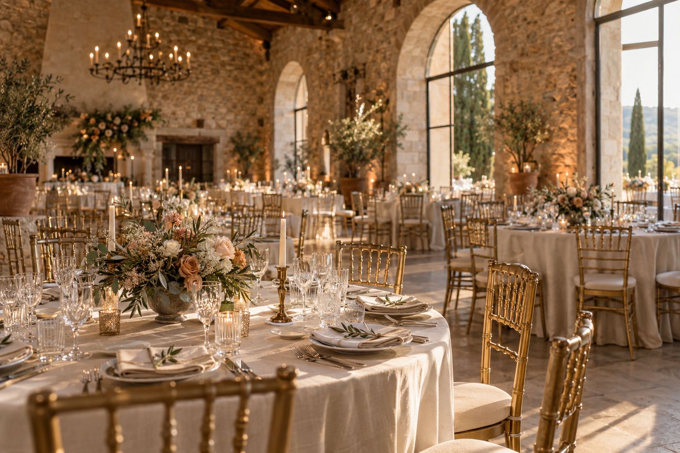 Une salle de réception aux murs de pierre prête avant l'arrivée des invités, chaises dorées et tables nappées de lin