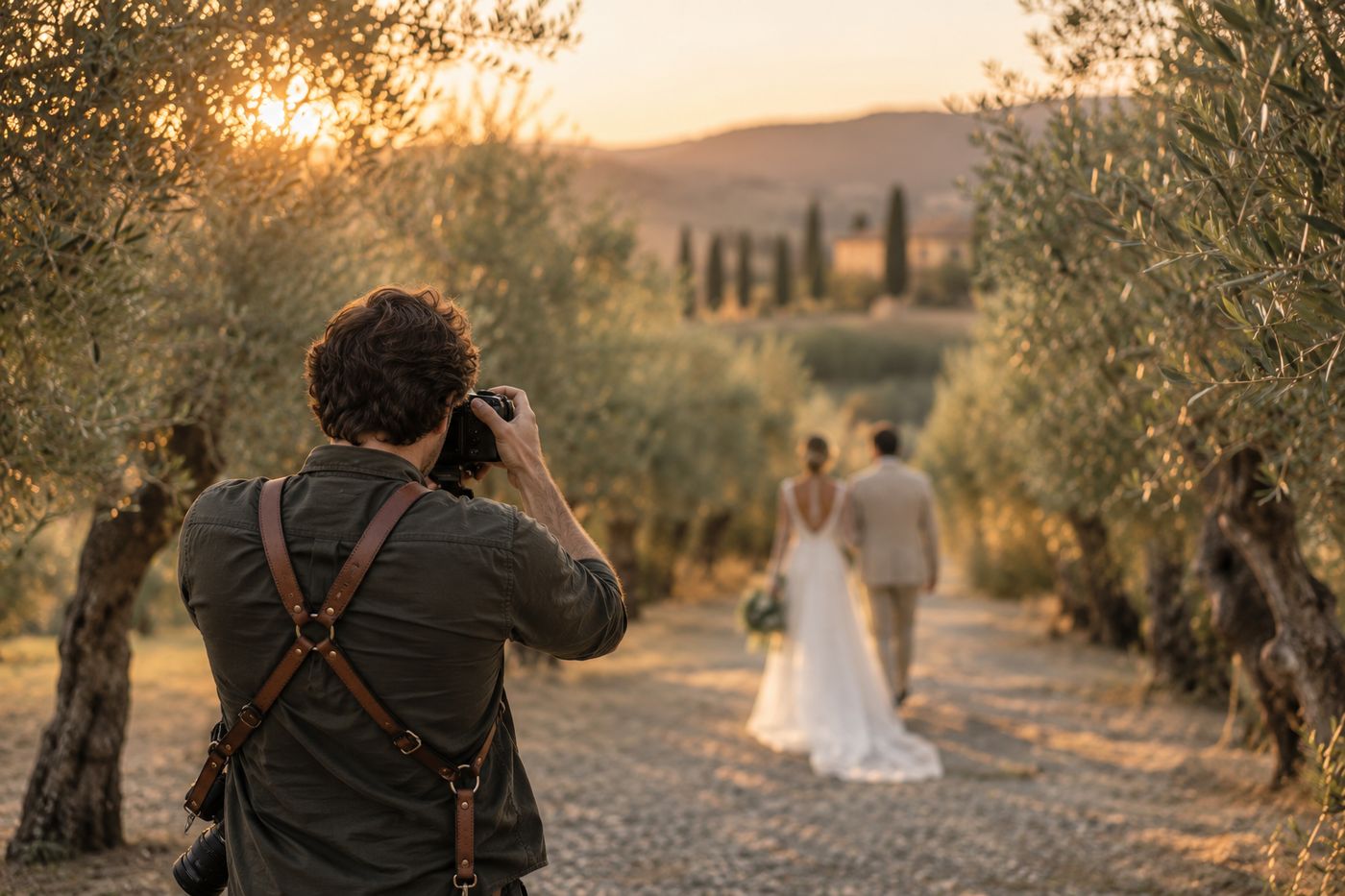 Un photographe de mariage, appareil levé, photographie un couple qui marche dans une allée d'oliviers
