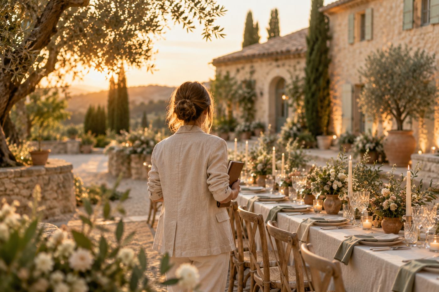Une wedding planner vérifie la mise en place d'une longue table dressée dans la cour d'une bastide
