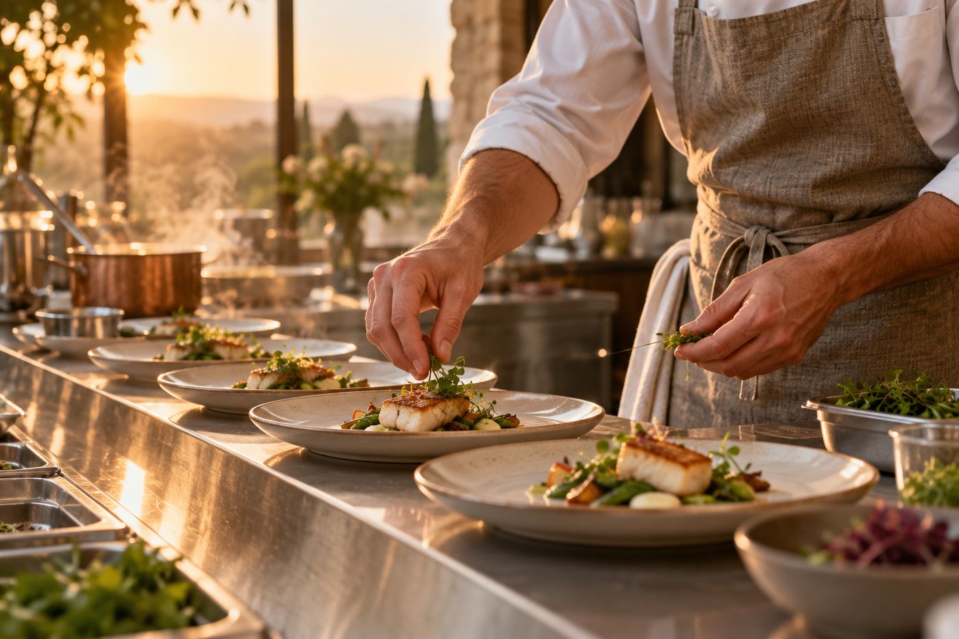 Les mains d'un chef dressent des assiettes alignées sur le passe d'une cuisine de réception