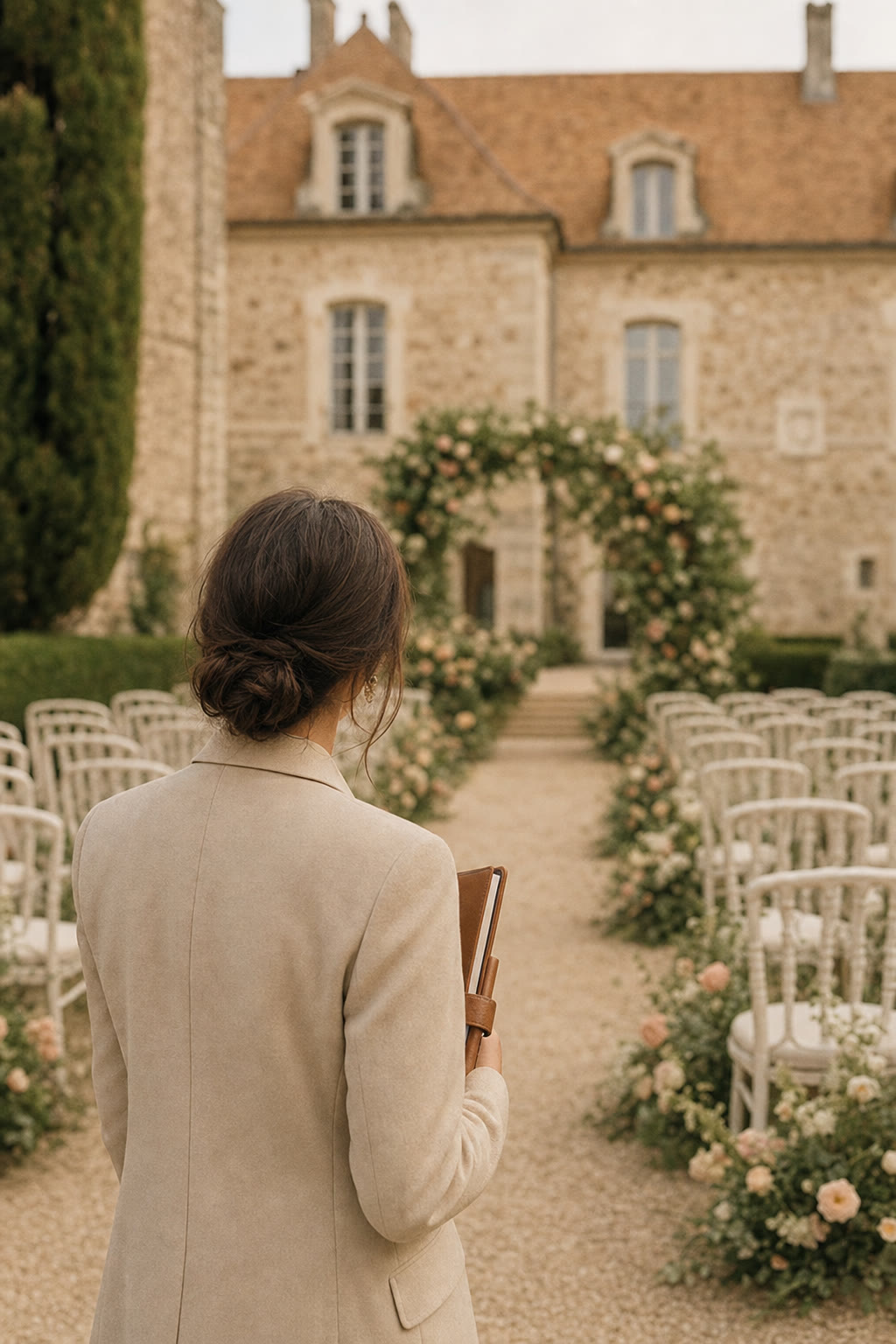 Wedding planner vérifiant la mise en place d'une cérémonie dans la cour d'un château