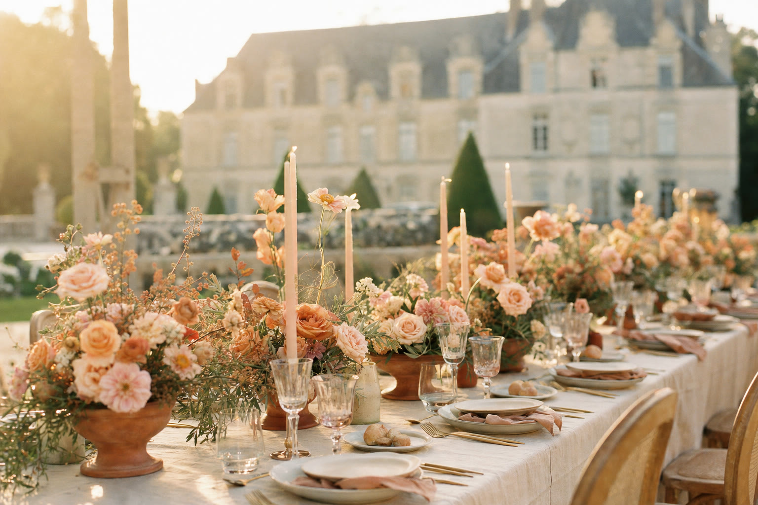 Table de réception de mariage élégante aux tons terracotta, à la lumière dorée