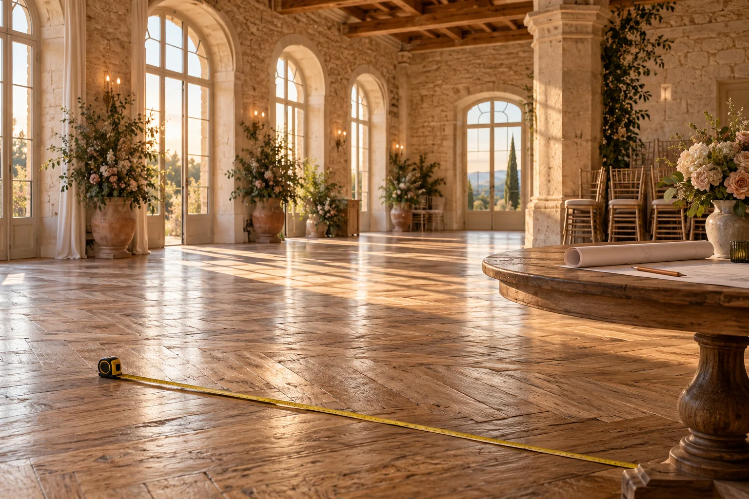 Une salle de réception vide en fin d'après-midi, avec un mètre ruban déroulé sur le parquet et un plan papier roulé posé sur une table nue.