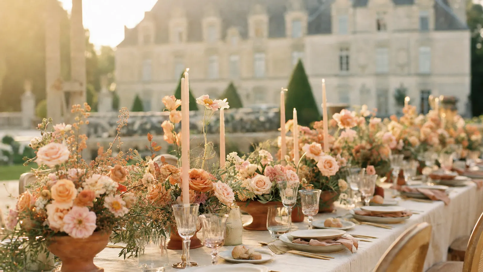 Une table de mariage dressée devant un château, bouquets pêche et bougies, au coucher du soleil.